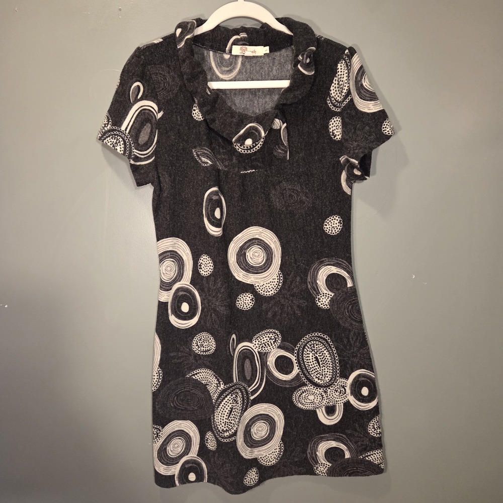 Aryeh Retro Style Short Sleeve Lightweight Sweater Dress Circles, Women's Size L